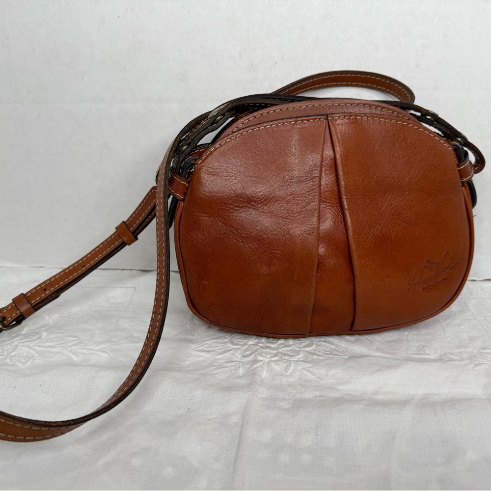 Patricia Nash Chanda tan Italian leather canteen shape small crossbody handbag